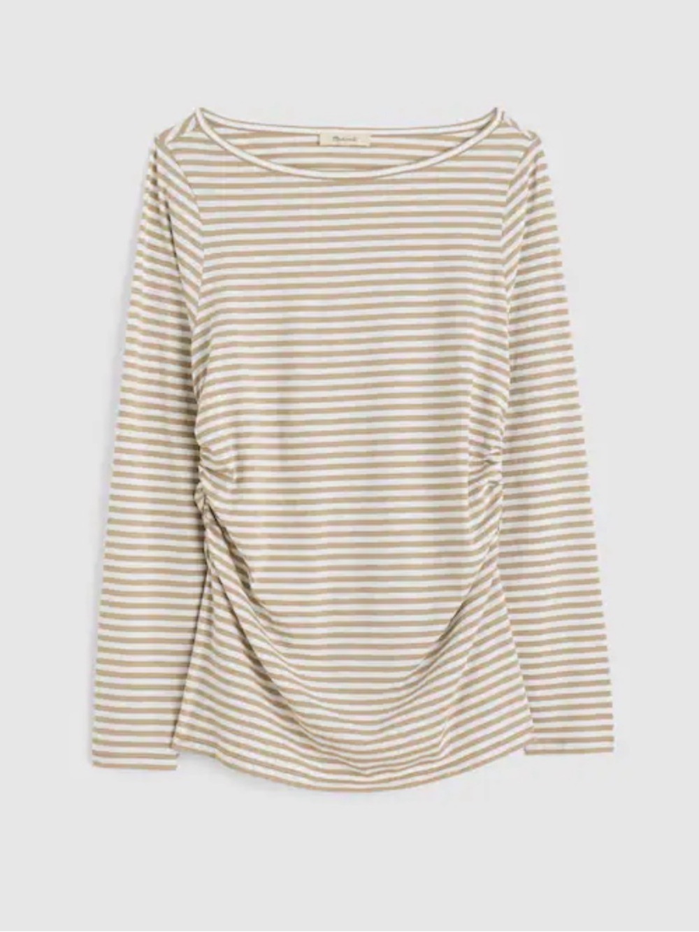 MADEWELL Ruched Crewneck Striped Long-Sleeve Tee in Soft Slub, Coastal Dune, sm